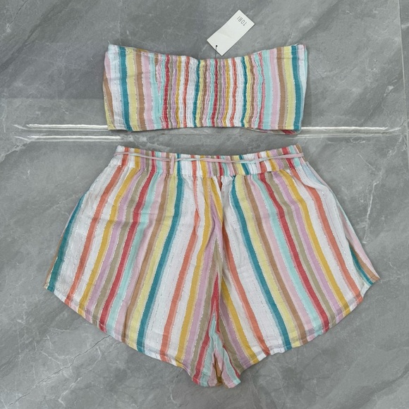 Women’s TOBI I Want It Crop Top Bandeau And Shorts Rainbow Stripe Two Piece Set - Picture 4 of 16